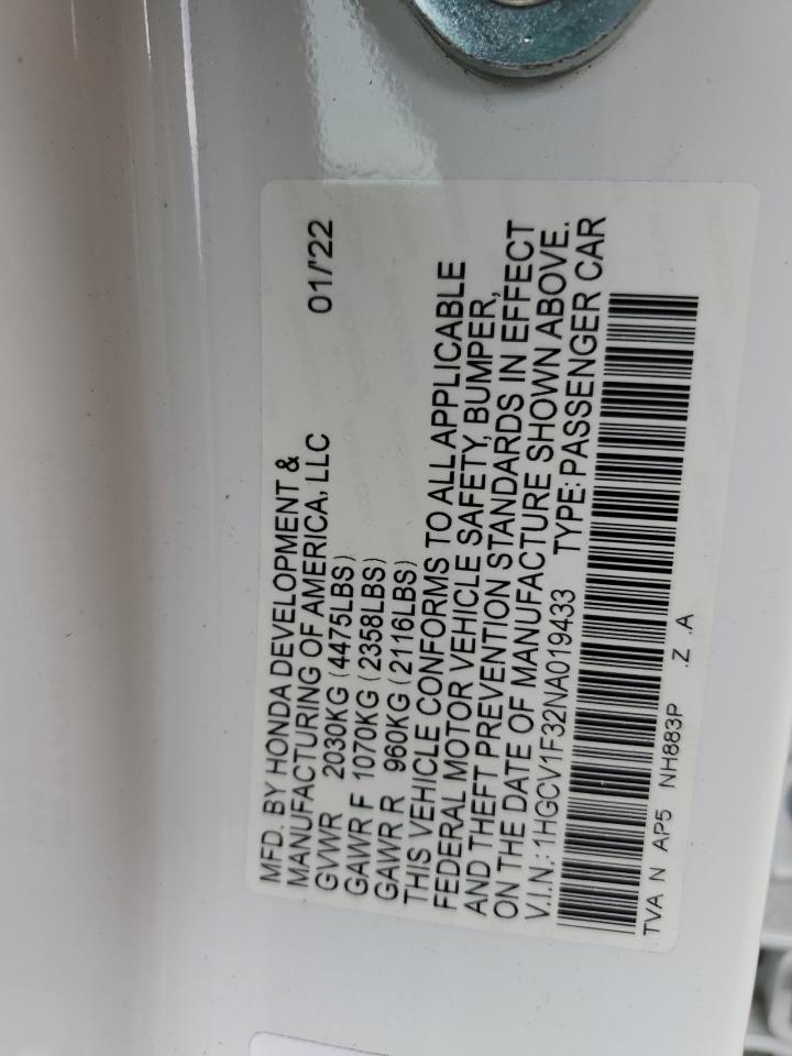 2022 Honda Accord Sport VIN: 1HGCV1F32NA019433 Lot: 64512485