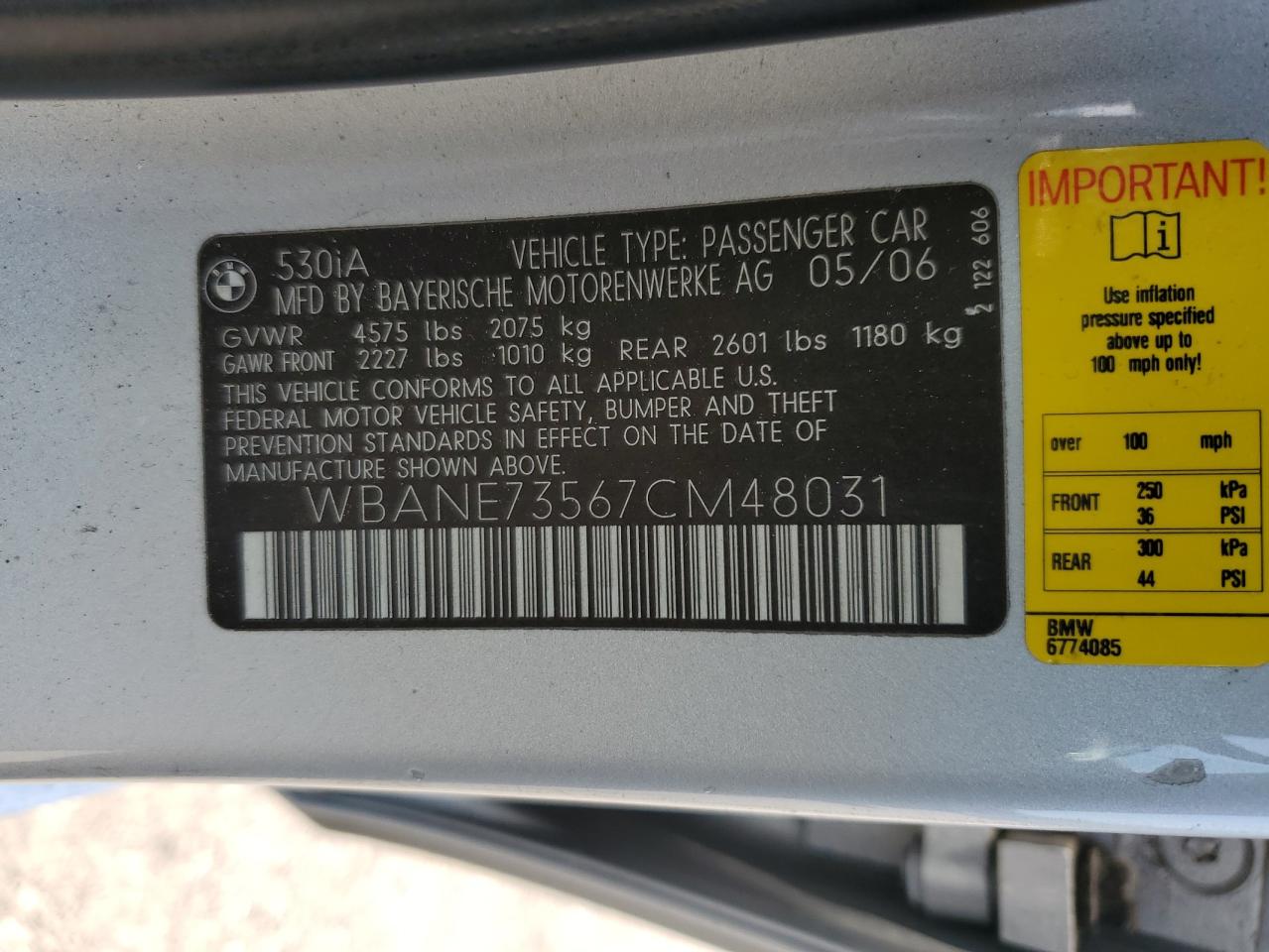 2007 BMW 530 I VIN: WBANE73567CM48031 Lot: 64829965
