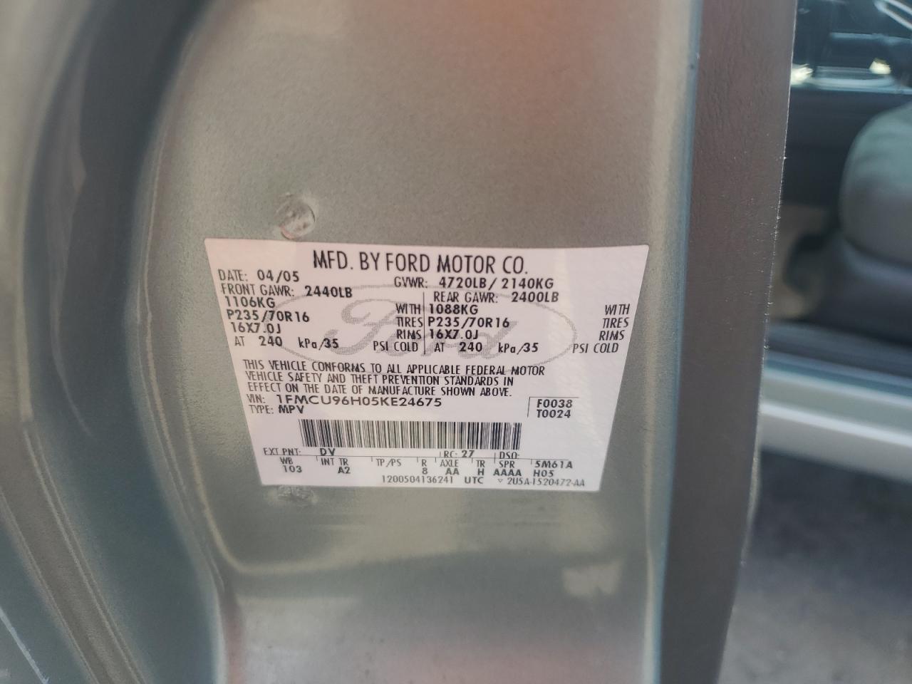 2005 Ford Escape Hev VIN: 1FMCU96H05KE24675 Lot: 66794505