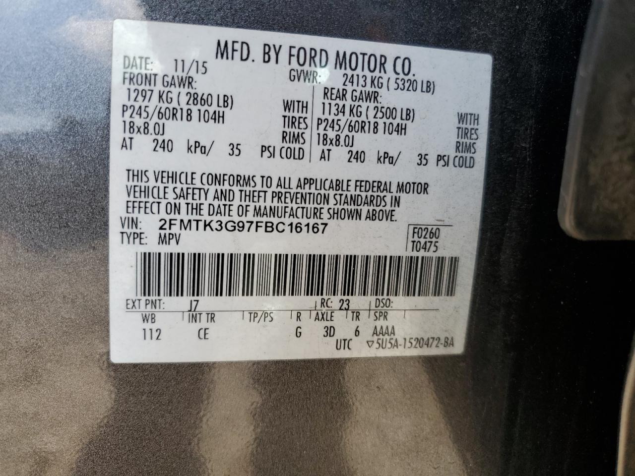 2015 Ford Edge Se VIN: 2FMTK3G97FBC16167 Lot: 65321255
