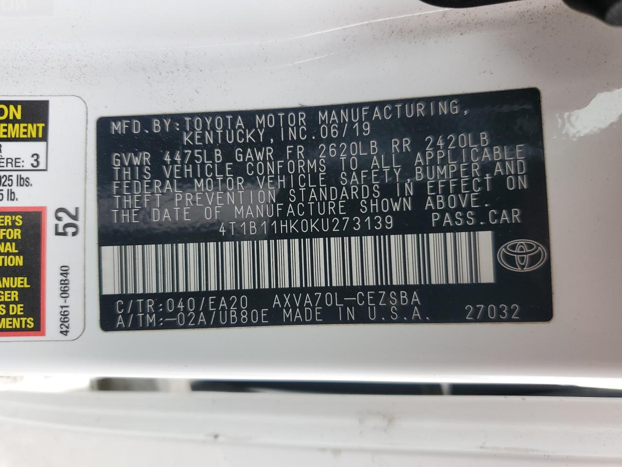 2019 Toyota Camry L VIN: 4T1B11HK0KU273139 Lot: 66025675