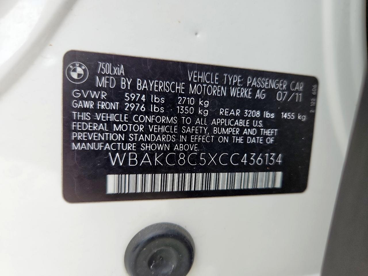 2012 BMW 750 Lxi VIN: WBAKC8C5XCC436134 Lot: 63144905