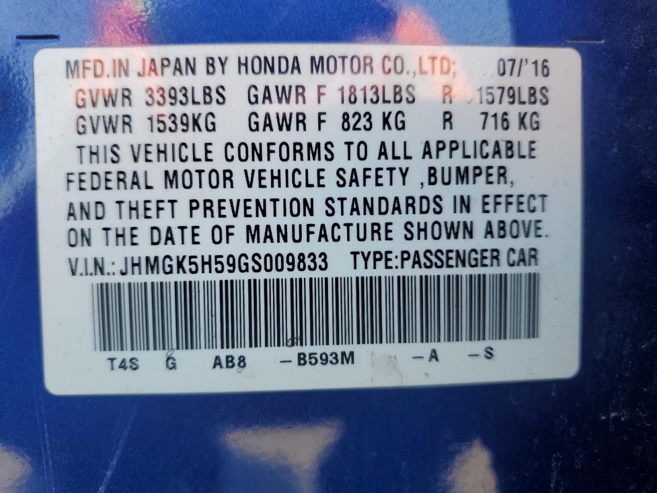 2016 Honda Fit Lx VIN: JHMGK5H59GS009833 Lot: 64439725