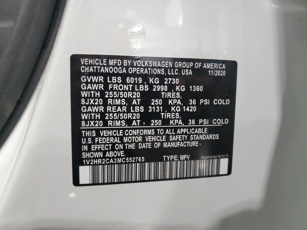 2021 Volkswagen Atlas Se VIN: 1V2HR2CA3MC552765 Lot: 62896685