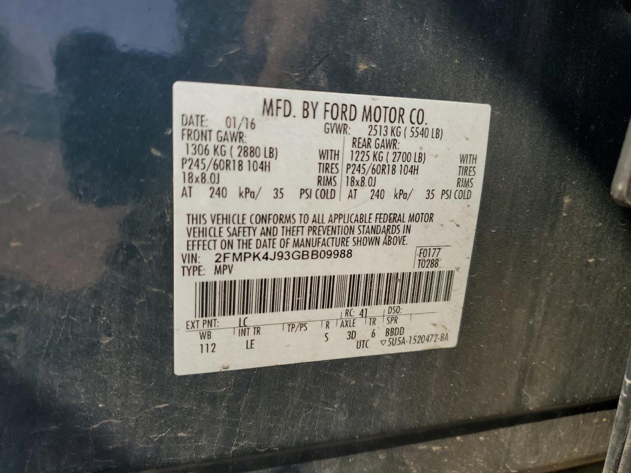 2016 Ford Edge Sel VIN: 2FMPK4J93GBB09988 Lot: 64432375