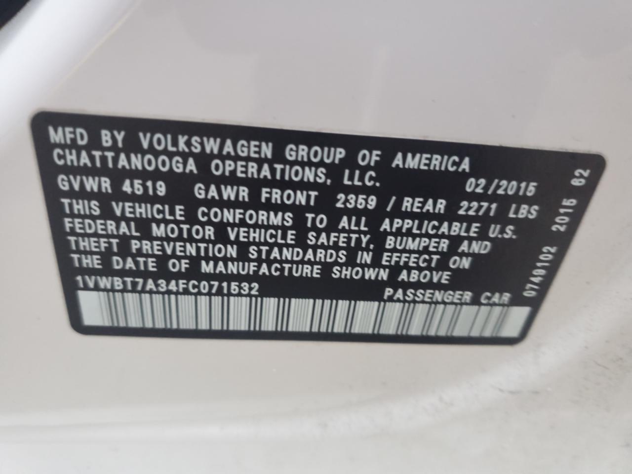 2015 Volkswagen Passat Se VIN: 1VWBT7A34FC071532 Lot: 64089195