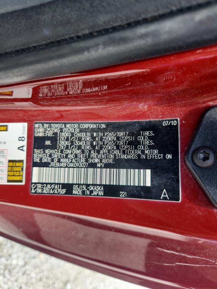 2010 Toyota Fj Cruiser VIN: JTEBU4BF0AK093027 Lot: 63088645