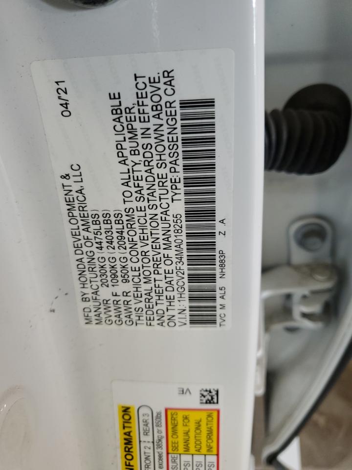 2021 Honda Accord Sport VIN: 1HGCV2F34MA018255 Lot: 65962855