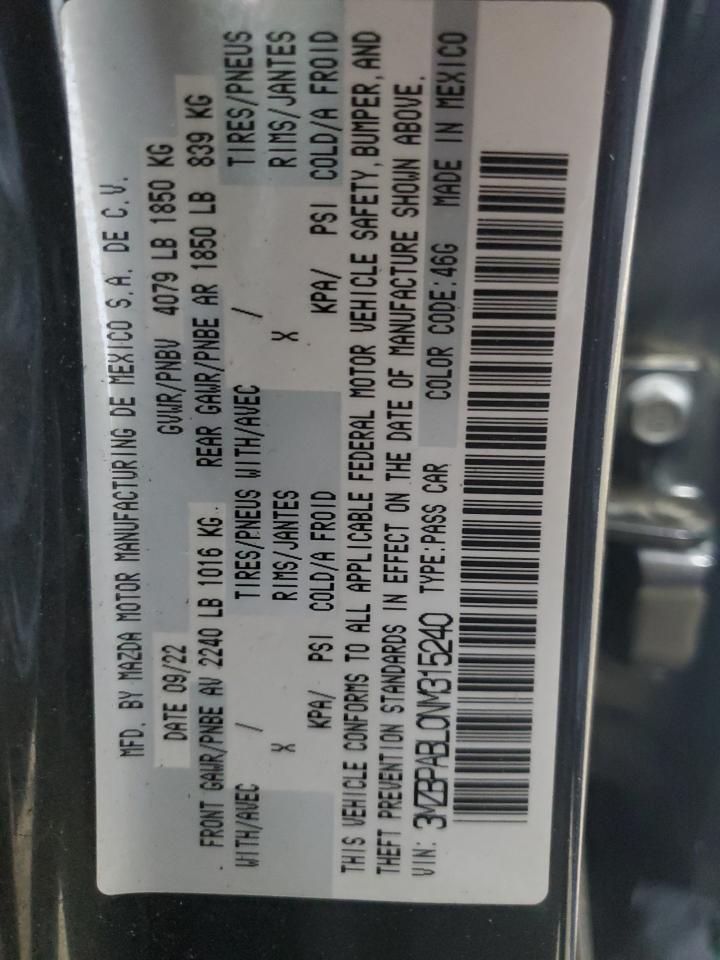 2022 Mazda 3 Select VIN: 3MZBPABL0NM315240 Lot: 65359465