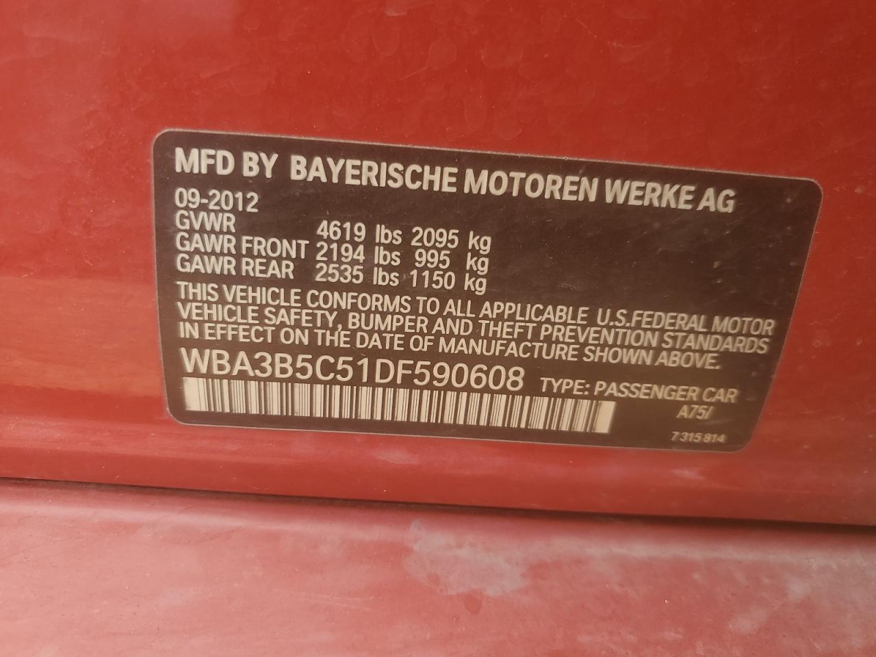 2013 BMW 328 Xi Sulev VIN: WBA3B5C51DF590608 Lot: 66033125