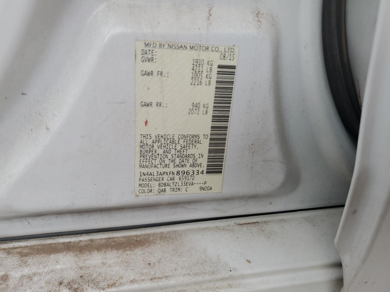 2015 Nissan Altima 2.5 VIN: 1N4AL3APXFN896334 Lot: 64959515