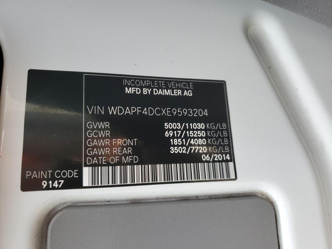 2014 Mercedes-Benz Sprinter 3500 VIN: WDAPF4DCXE9593204 Lot: 64107585
