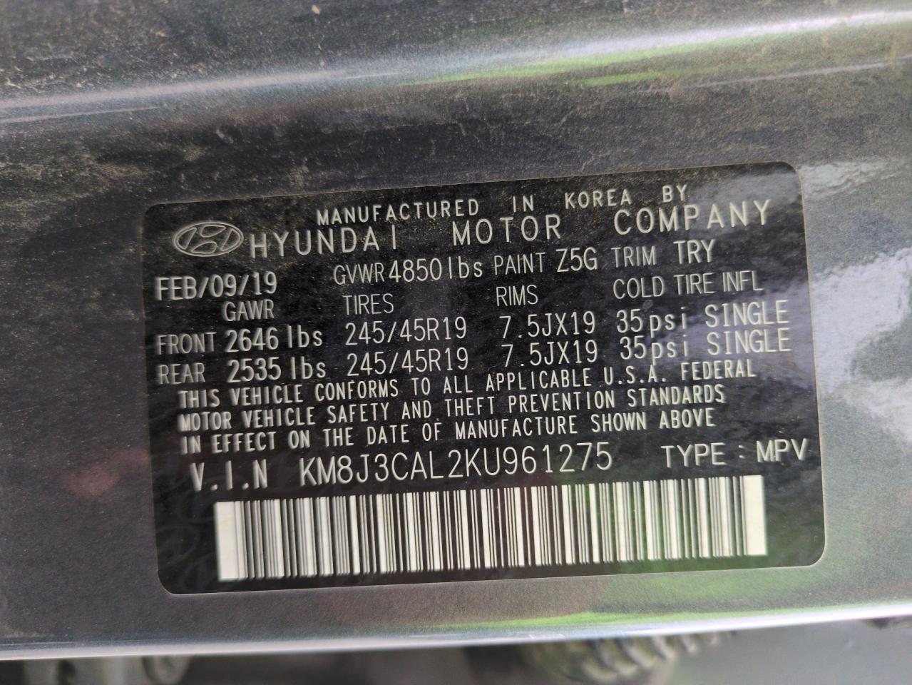 2019 Hyundai Tucson Limited VIN: KM8J3CAL2KU961275 Lot: 64727155