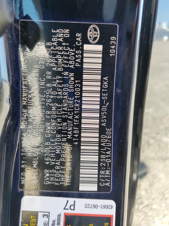 2012 Toyota Camry Base VIN: 4T4BF1FK1CR210031 Lot: 62275265