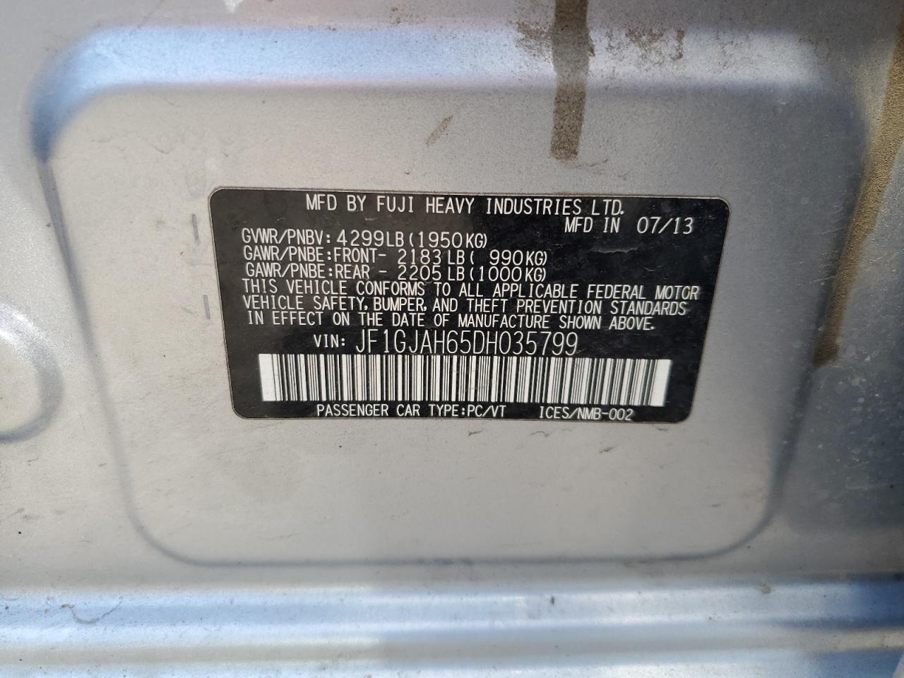 2013 Subaru Impreza Limited VIN: JF1GJAH65DH035799 Lot: 63342735