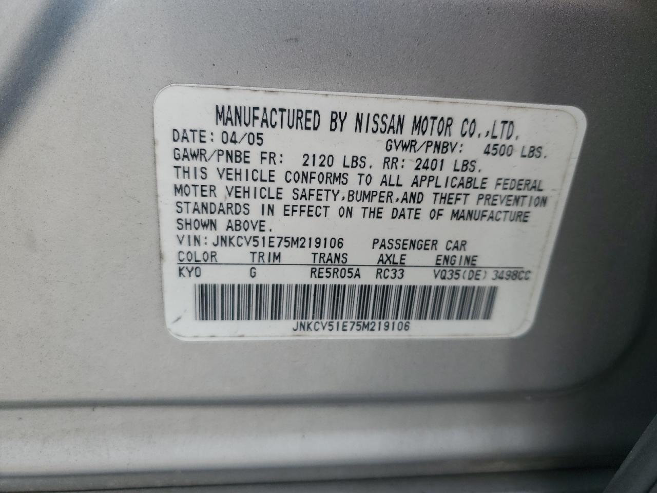 2005 Infiniti G35 VIN: JNKCV51E75M219106 Lot: 64865625