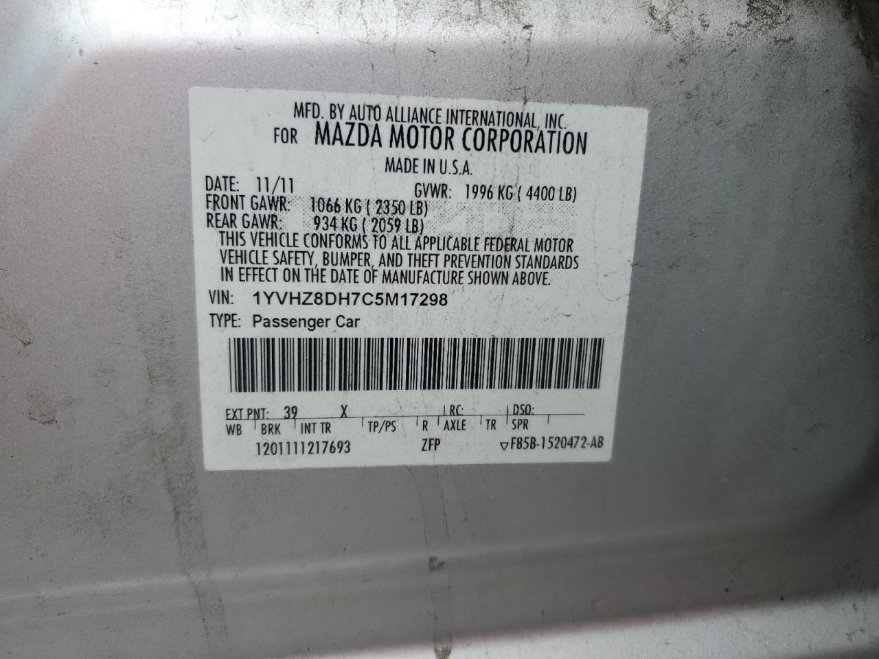 2012 Mazda 6 I VIN: 1YVHZ8DH7C5M17298 Lot: 65353825
