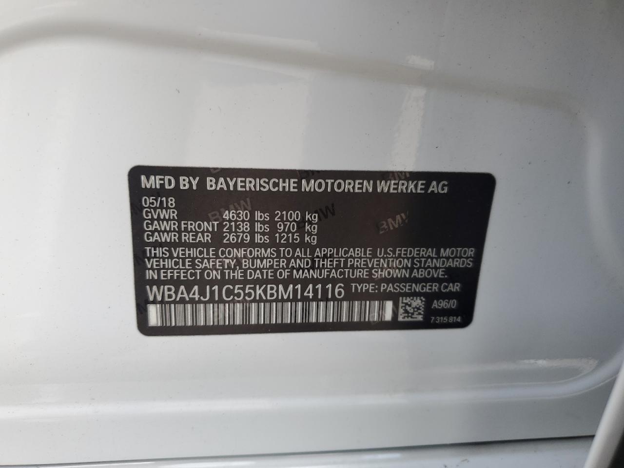2019 BMW 430I Gran Coupe VIN: WBA4J1C55KBM14116 Lot: 63077105