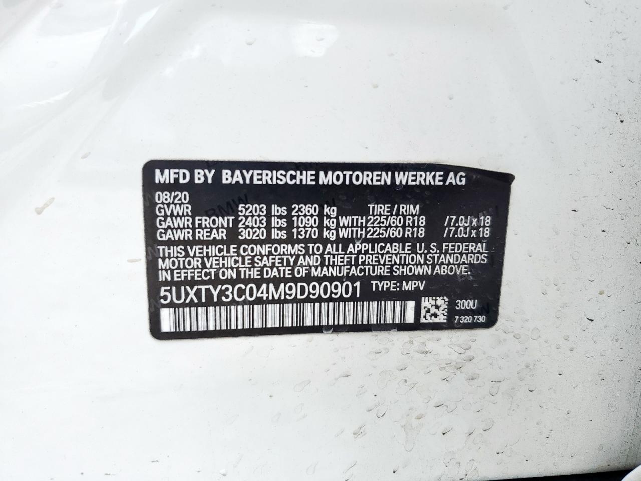 2021 BMW X3 Sdrive30I VIN: 5UXTY3C04M9D90901 Lot: 64310695