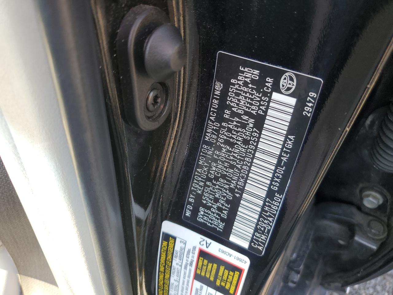 2011 Toyota Avalon Base VIN: 4T1BK3DB2BU392597 Lot: 62401645