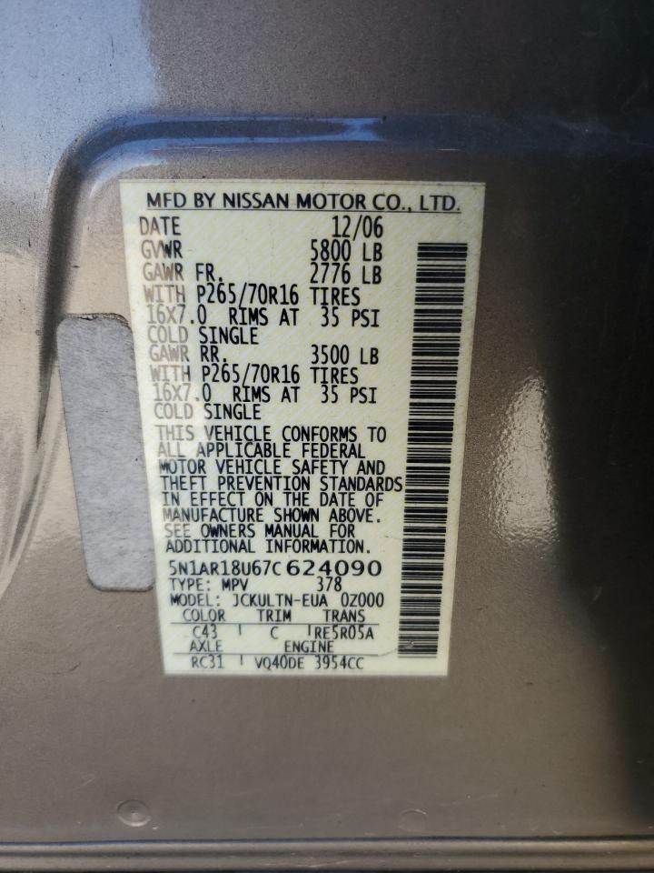 2007 Nissan Pathfinder Le VIN: 5N1AR18U67C624090 Lot: 65277255