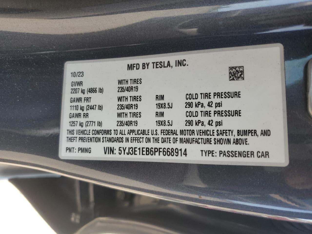 2023 Tesla Model 3 VIN: 5YJ3E1EB6PF668914 Lot: 66014055