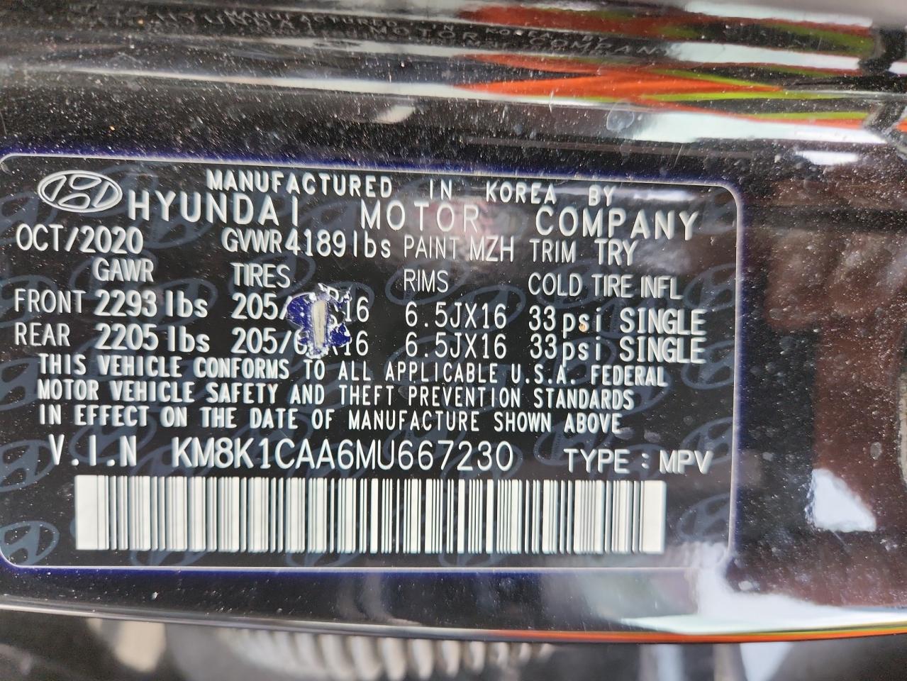 2021 Hyundai Kona Se VIN: KM8K1CAA6MU667230 Lot: 63328365