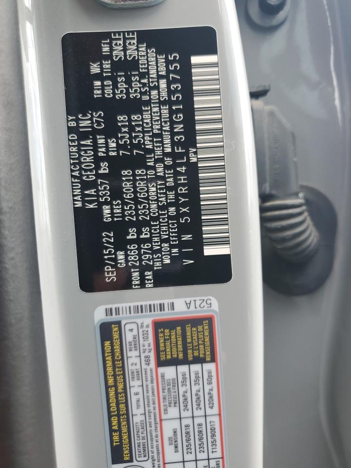 2022 Kia Sorento Ex VIN: 5XYRH4LF3NG153755 Lot: 65735155