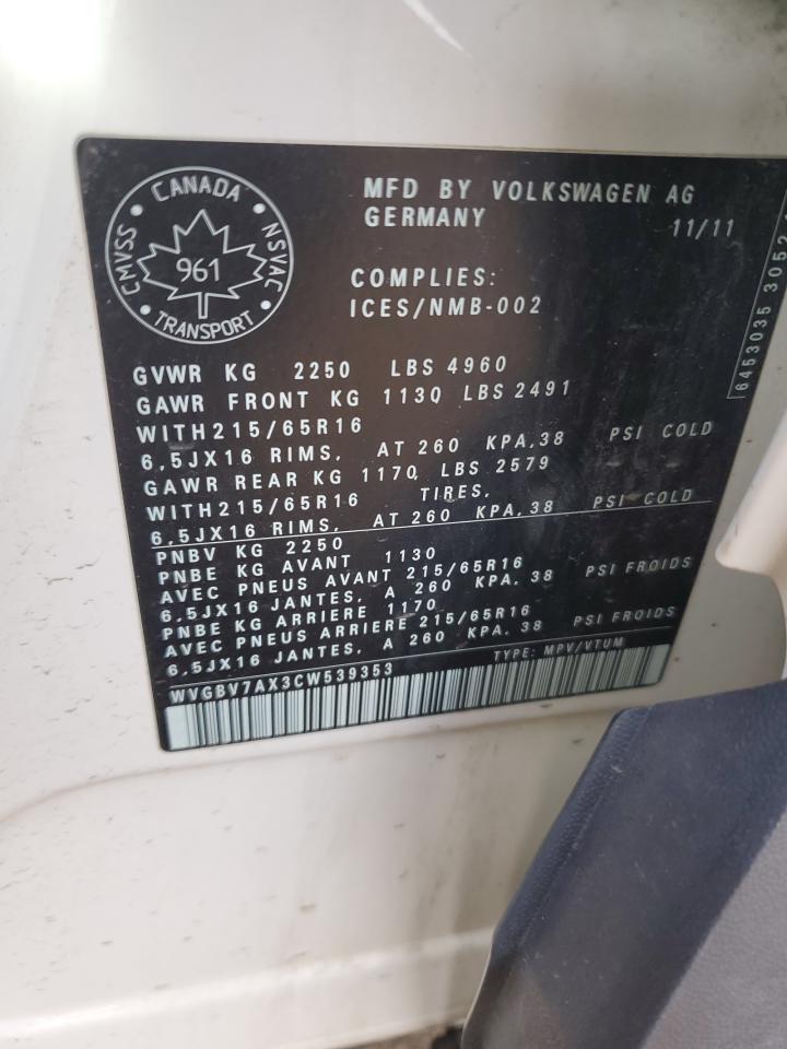 2012 Volkswagen Tiguan S VIN: WVGBV7AX3CW539353 Lot: 60701535