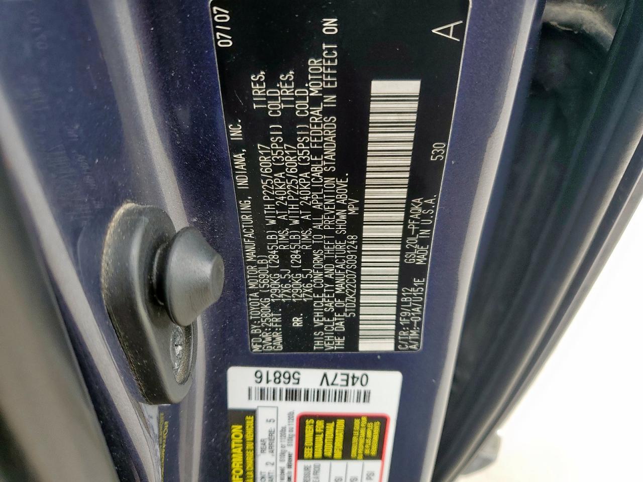 2007 Toyota Sienna Xle VIN: 5TDZK22C07S091248 Lot: 63681085