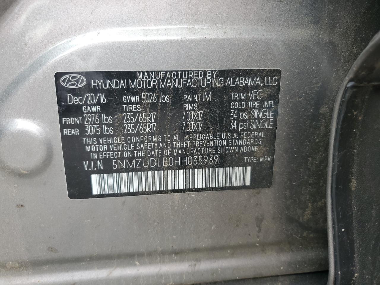 2017 Hyundai Santa Fe Sport VIN: 5NMZUDLB0HH035939 Lot: 64861165