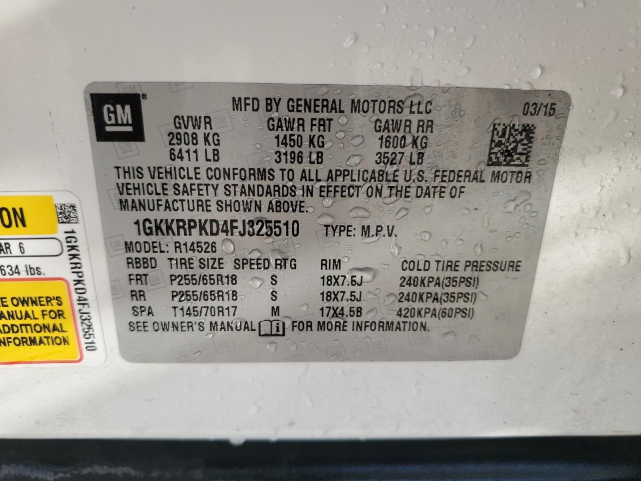 2015 GMC Acadia Sle VIN: 1GKKRPKD4FJ325510 Lot: 64249585
