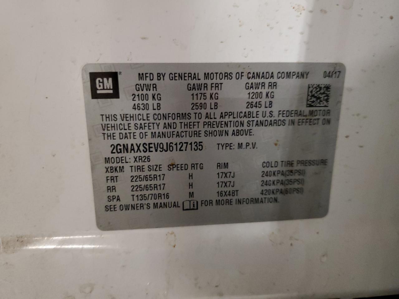 2018 Chevrolet Equinox Lt VIN: 2GNAXSEV9J6127135 Lot: 62746595