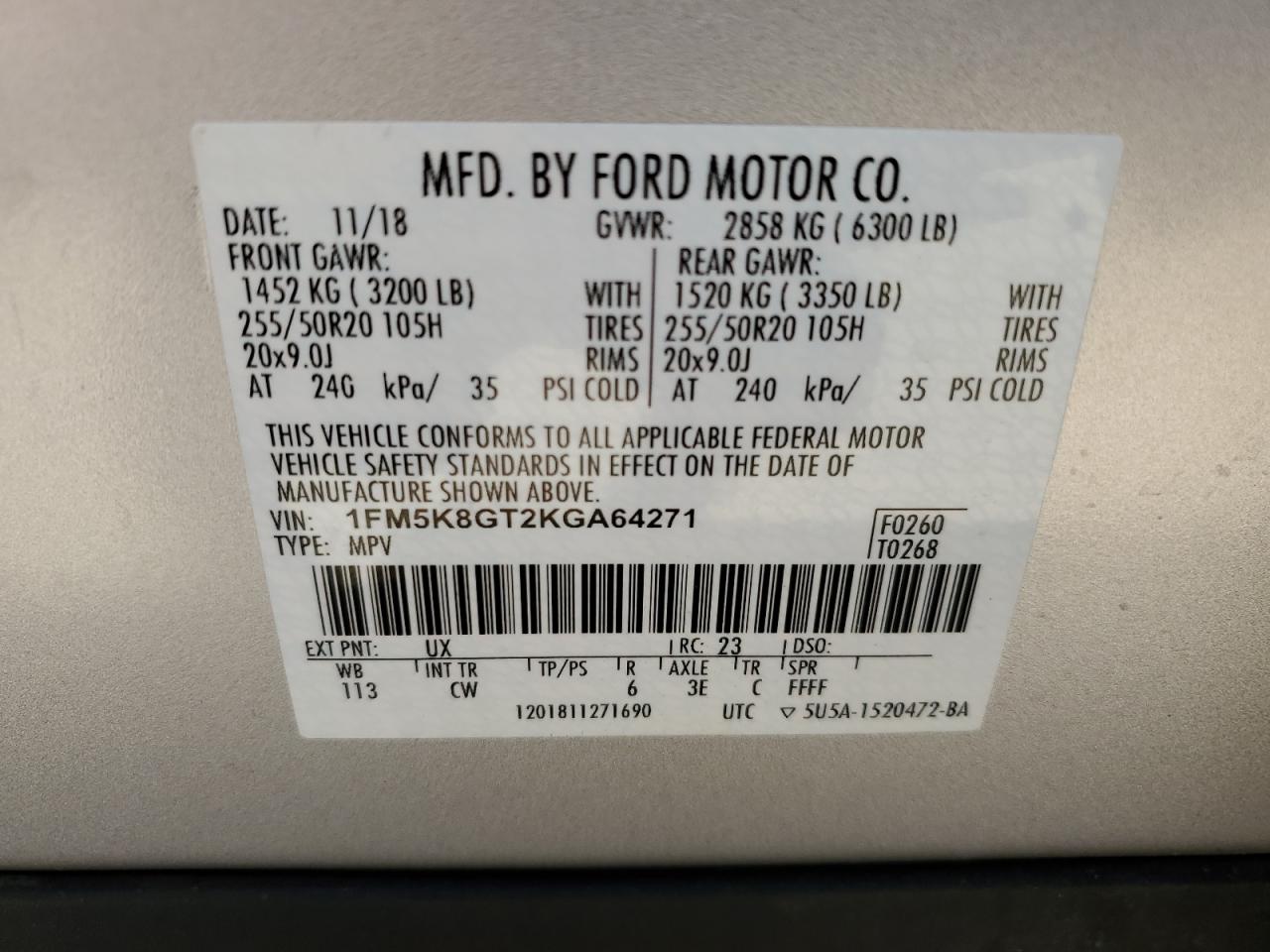 2019 Ford Explorer Sport VIN: 1FM5K8GT2KGA64271 Lot: 62961285