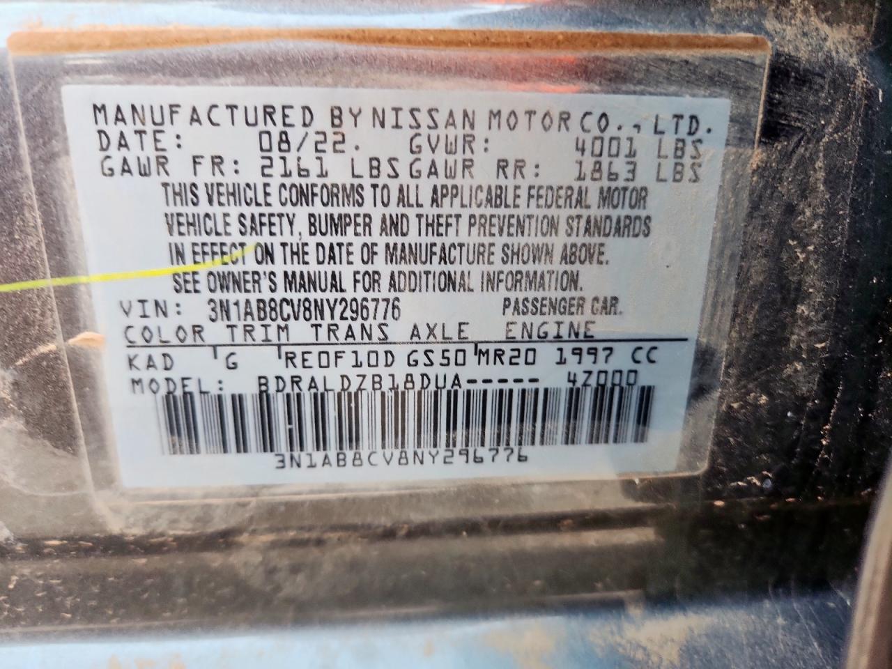 2022 Nissan Sentra Sv VIN: 3N1AB8CV8NY296776 Lot: 62865985