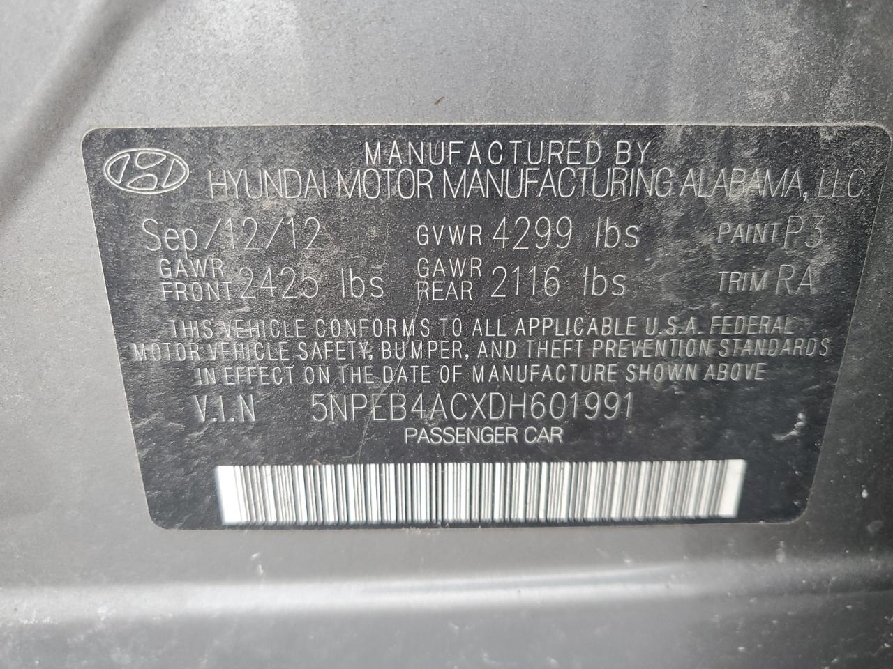 2013 Hyundai Sonata Gls VIN: 5NPEB4ACXDH601991 Lot: 63923875