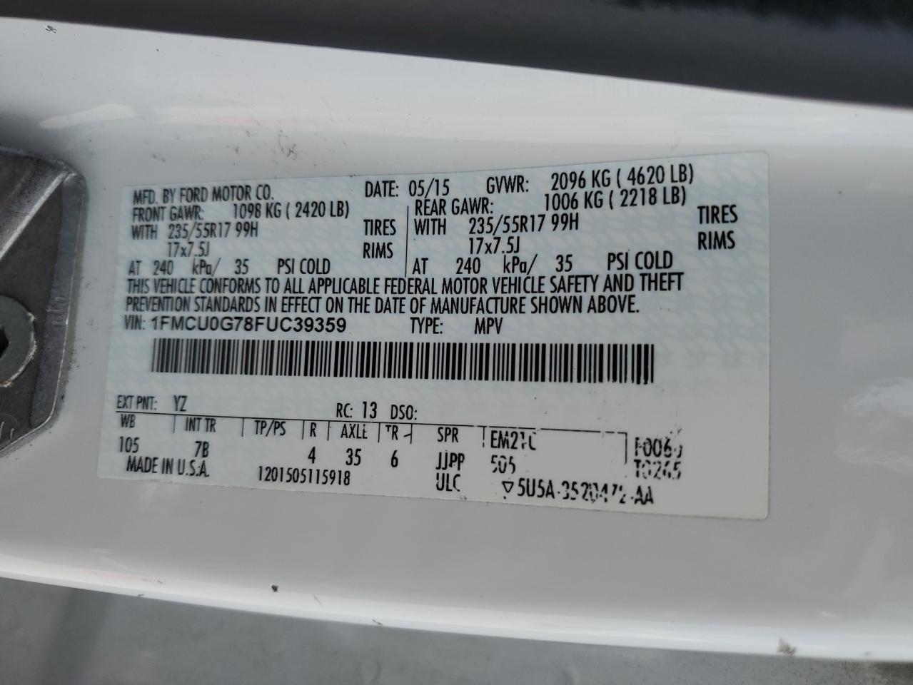 2015 Ford Escape Se VIN: 1FMCU0G78FUC39359 Lot: 64875745