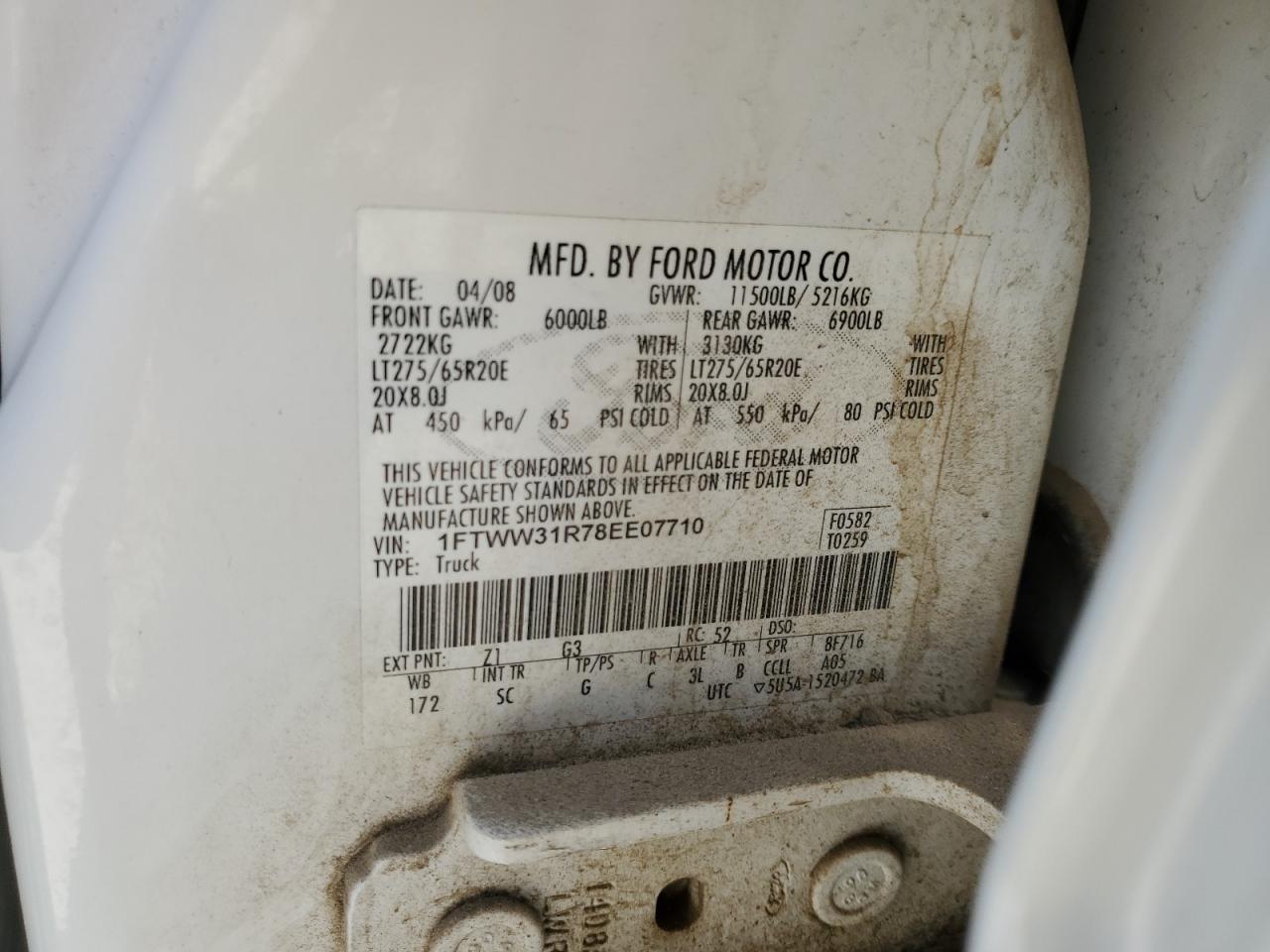 2008 Ford F350 Srw Super Duty VIN: 1FTWW31R78EE07710 Lot: 64481735