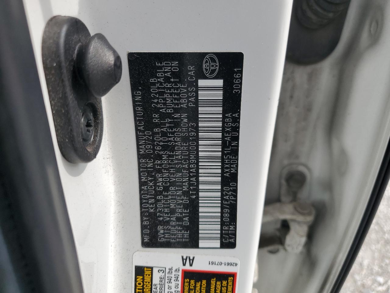 2021 Toyota Avalon Xle VIN: 4T1JA1AB9MU001973 Lot: 65254375