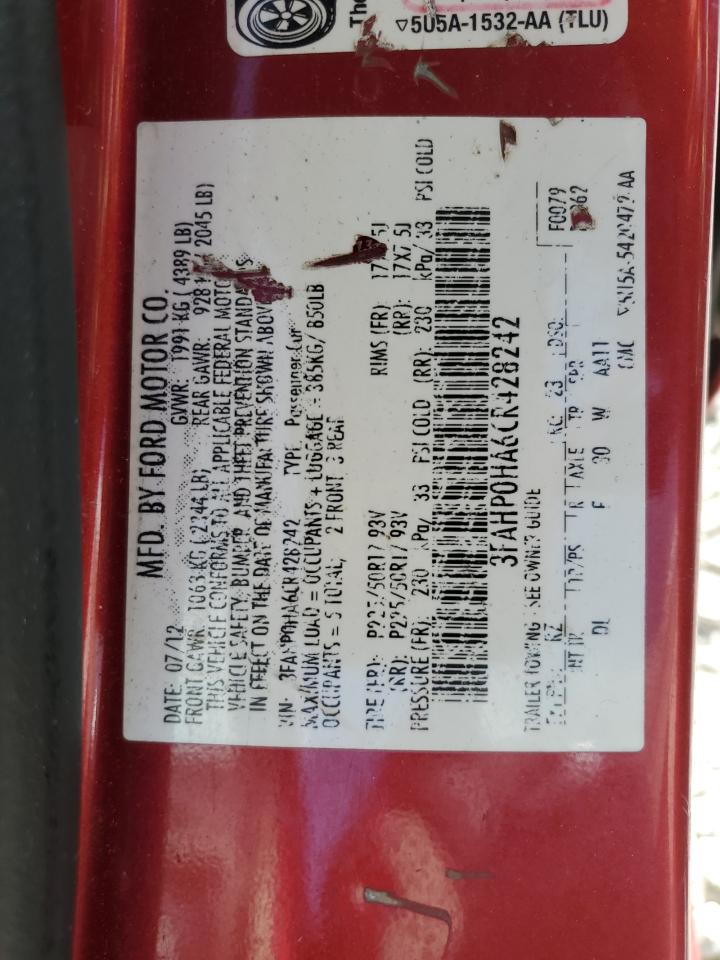 2012 Ford Fusion Se VIN: 3FAHP0HA6CR428242 Lot: 64380795