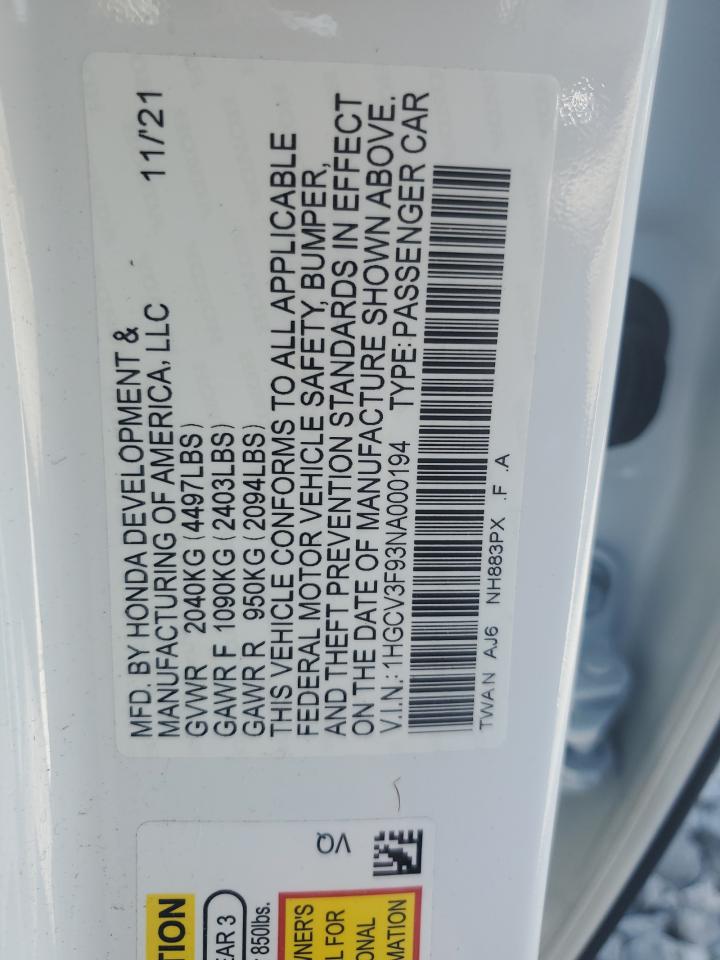 2022 Honda Accord Touring Hybrid VIN: 1HGCV3F93NA000194 Lot: 63004345
