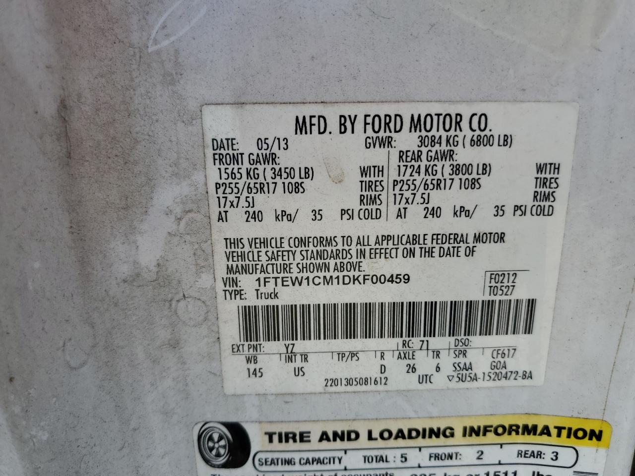 2013 Ford F150 Supercrew VIN: 1FTEW1CM1DKF00459 Lot: 70727005