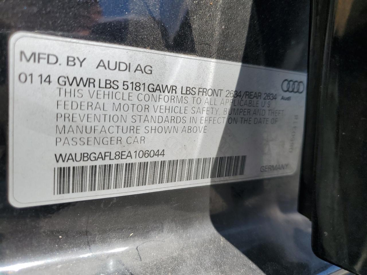 2014 Audi S4 Premium Plus VIN: WAUBGAFL8EA106044 Lot: 63377975