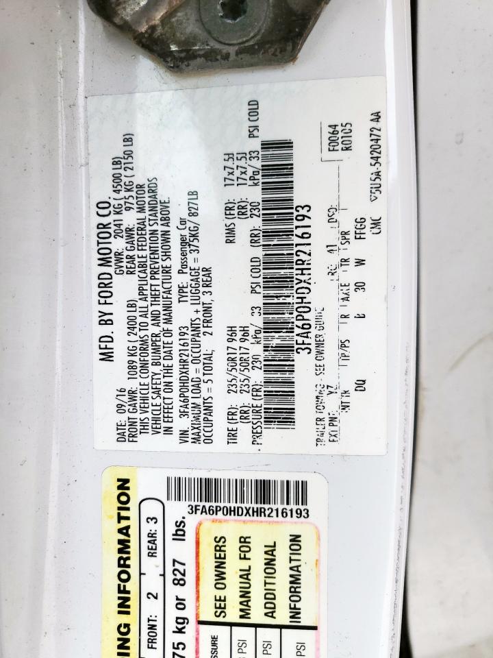 2017 Ford Fusion Se VIN: 3FA6P0HDXHR216193 Lot: 64612635
