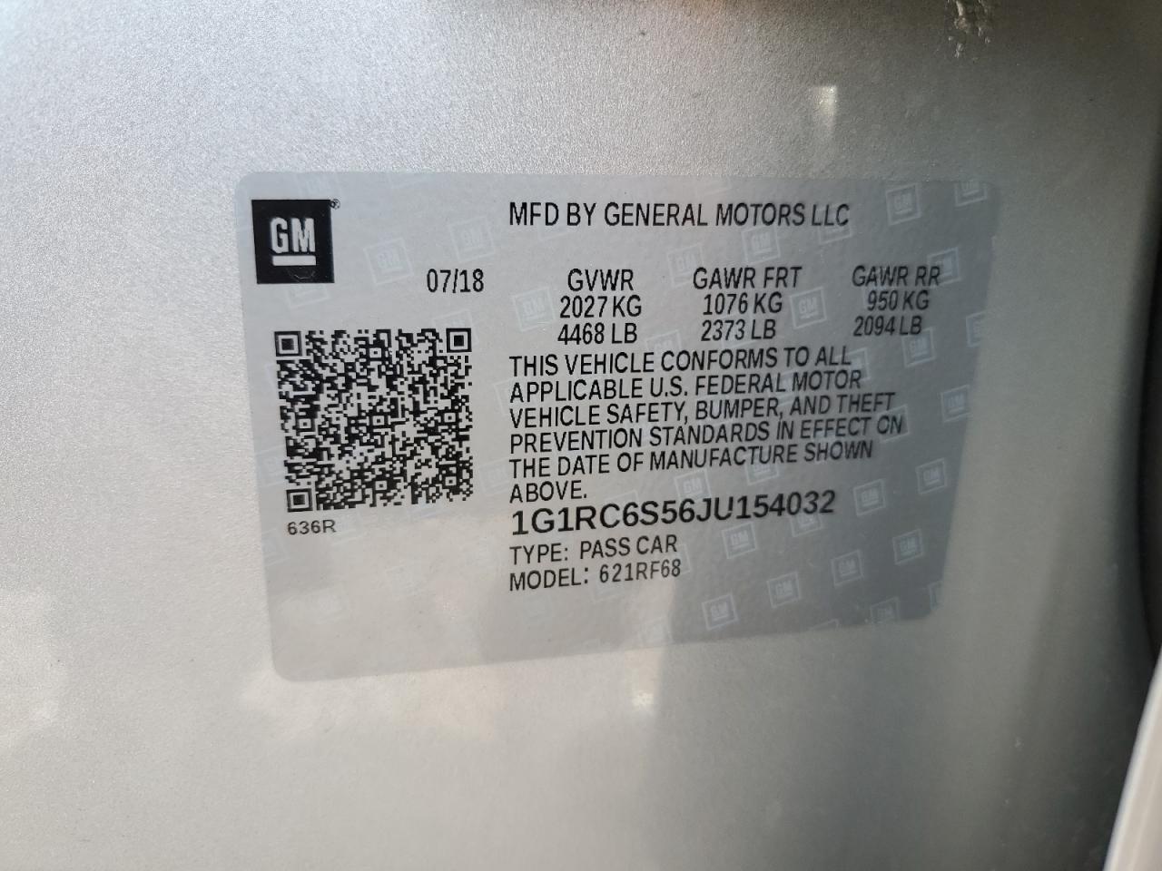 2018 Chevrolet Volt Lt VIN: 1G1RC6S56JU154032 Lot: 63350665