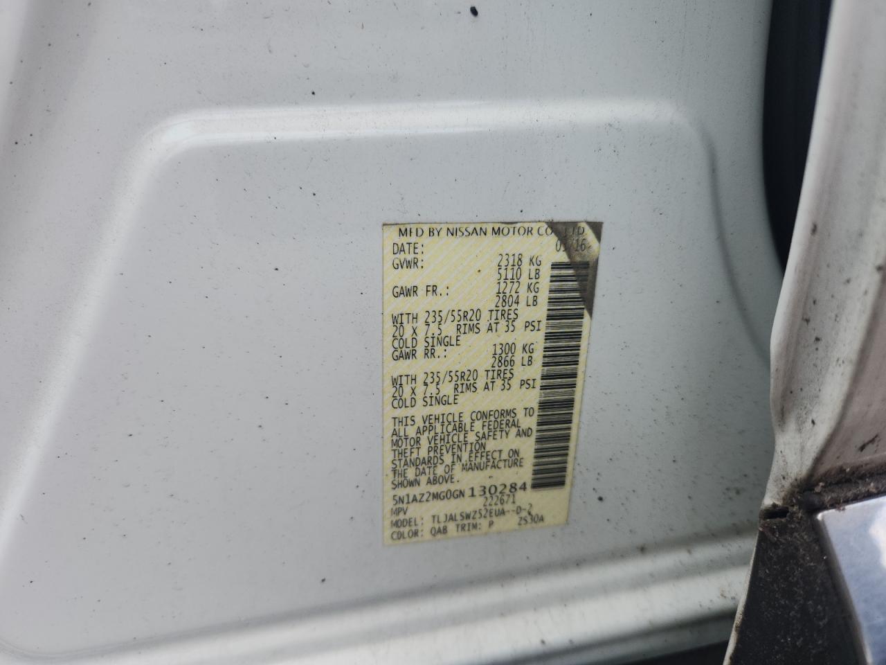 2016 Nissan Murano S VIN: 5N1AZ2MG0GN130284 Lot: 64121595