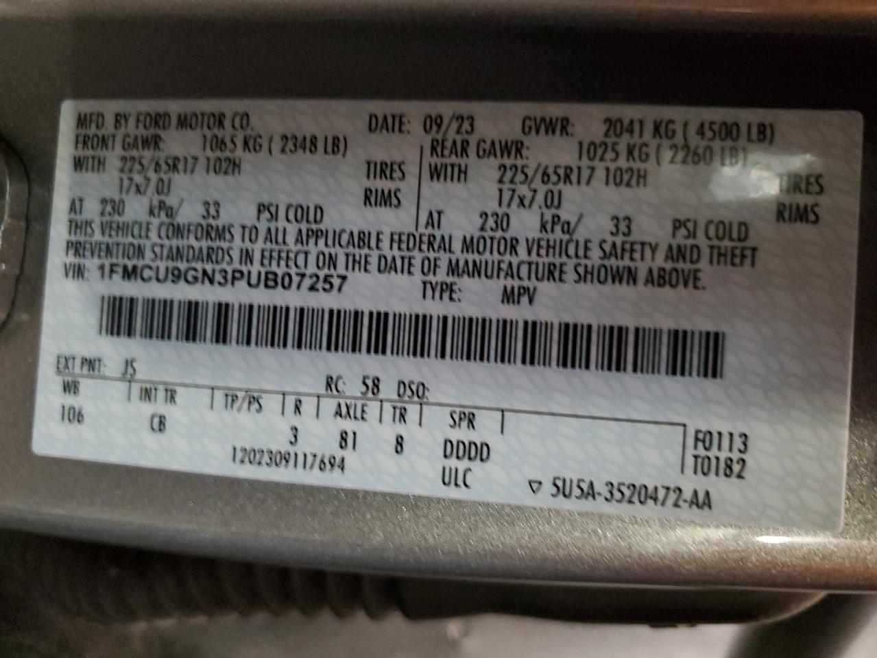 2023 Ford Escape Active VIN: 1FMCU9GN3PUB07257 Lot: 65342645