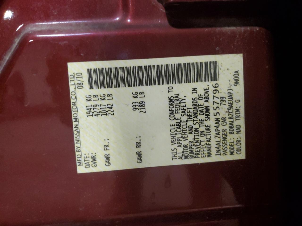 2010 Nissan Altima Base VIN: 1N4AL2AP4AN557796 Lot: 62106345