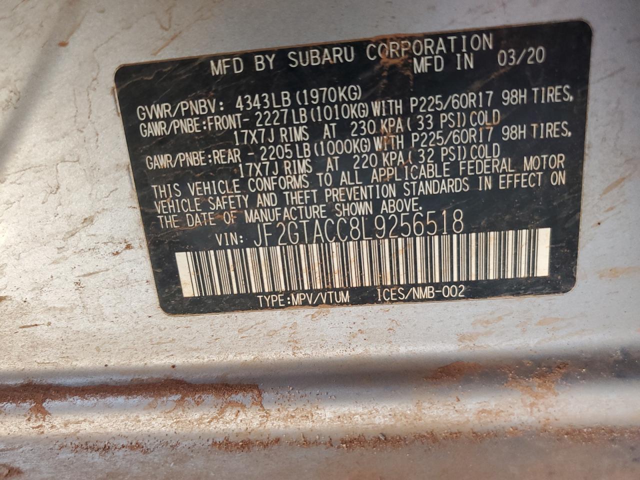 2020 Subaru Crosstrek Premium VIN: JF2GTACC8L9256518 Lot: 63758215
