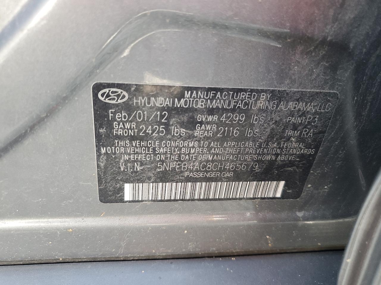 2012 Hyundai Sonata Gls VIN: 5NPEB4AC8CH465679 Lot: 64838545
